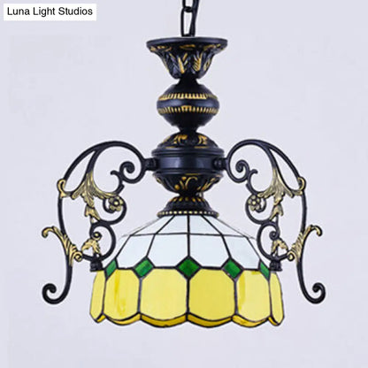 Rustic Domed Pendant Light with Hanging Chain - Yellow/Orange/Green/Blue - 1 Light - Black Finish - for Dining Room