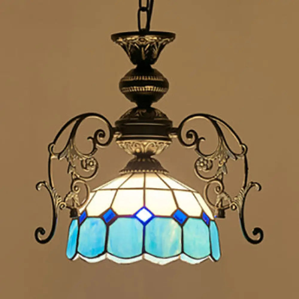 Rustic Domed Pendant Light with Hanging Chain - Yellow/Orange/Green/Blue - 1 Light - Black Finish - for Dining Room