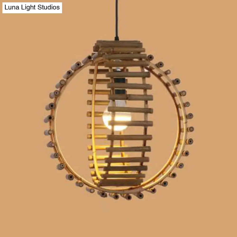 Rustic Double Rings Pendant Bamboo Stick Suspension Lamp - Single Bulb Foyer Lighting in Beige