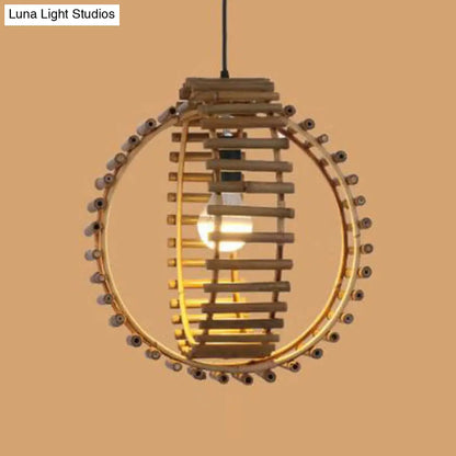 Rustic Double Rings Pendant Bamboo Stick Suspension Lamp - Single Bulb Foyer Lighting in Beige