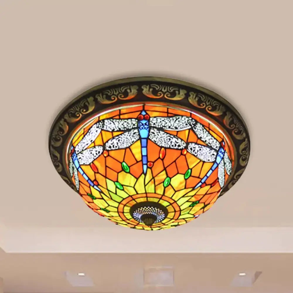 DecorBites™ DecorBites™ Rustic Dragonfly Stained Glass Ceiling Light - 19.5"/15" Width, Orange Indoor Flush Mount