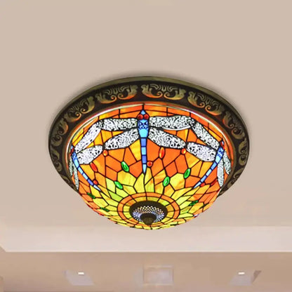DecorBites™ DecorBites™ Rustic Dragonfly Stained Glass Ceiling Light - 19.5"/15" Width, Orange Indoor Flush Mount