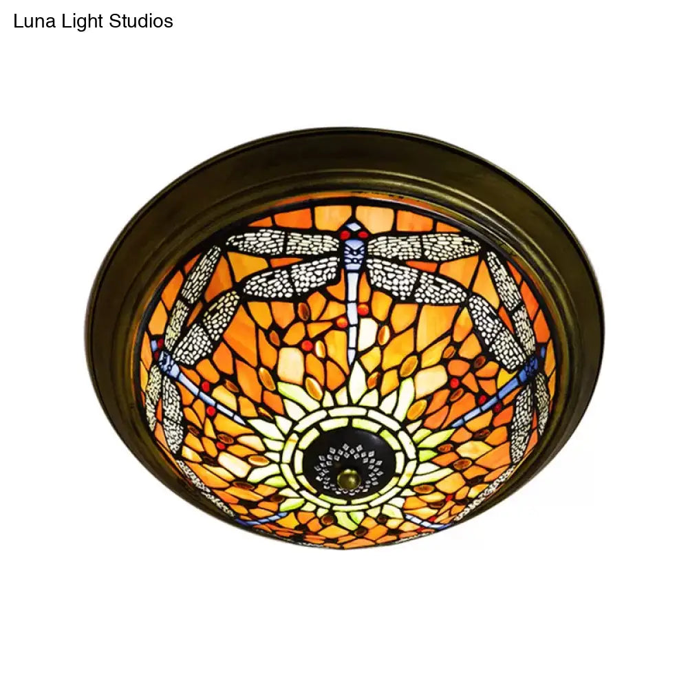 DecorBites™ DecorBites™ Rustic Dragonfly Stained Glass Ceiling Light - 19.5"/15" Width, Orange Indoor Flush Mount