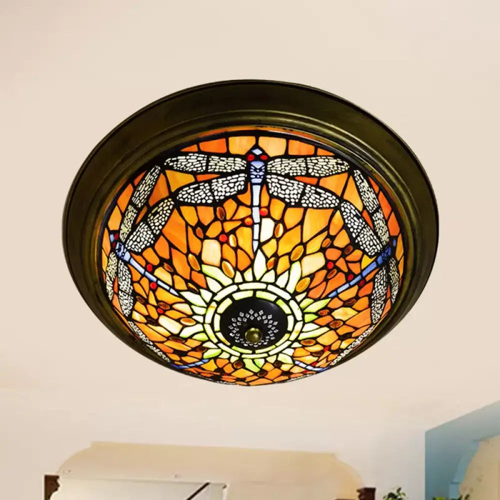 DecorBites™ DecorBites™ Rustic Dragonfly Stained Glass Ceiling Light - 19.5"/15" Width, Orange Indoor Flush Mount