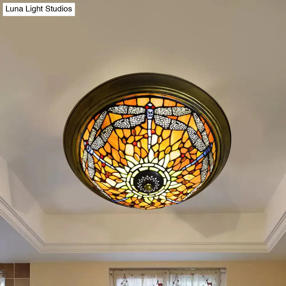 DecorBites™ DecorBites™ Rustic Dragonfly Stained Glass Ceiling Light - 19.5"/15" Width, Orange Indoor Flush Mount