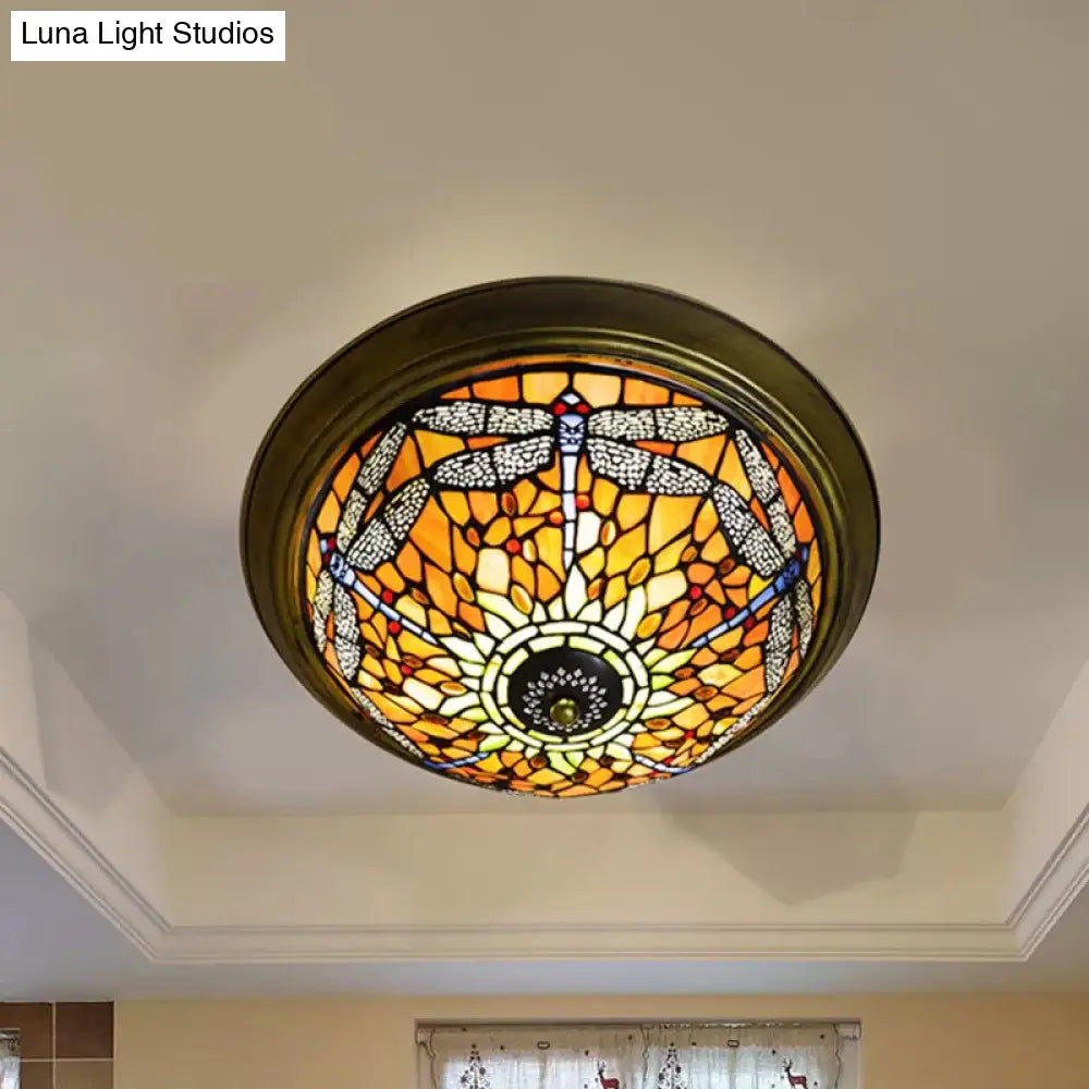 DecorBites™ DecorBites™ Rustic Dragonfly Stained Glass Ceiling Light - 19.5"/15" Width, Orange Indoor Flush Mount