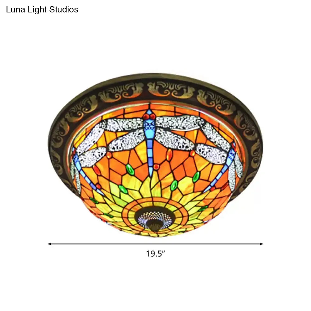 DecorBites™ DecorBites™ Rustic Dragonfly Stained Glass Ceiling Light - 19.5"/15" Width, Orange Indoor Flush Mount
