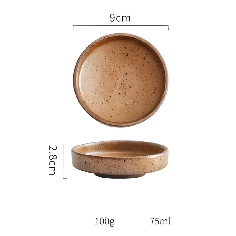 A rustic earthy speckled ceramic round sauce dish in brown with a slightly raised rim, decorbites ceramic round 9cm plate