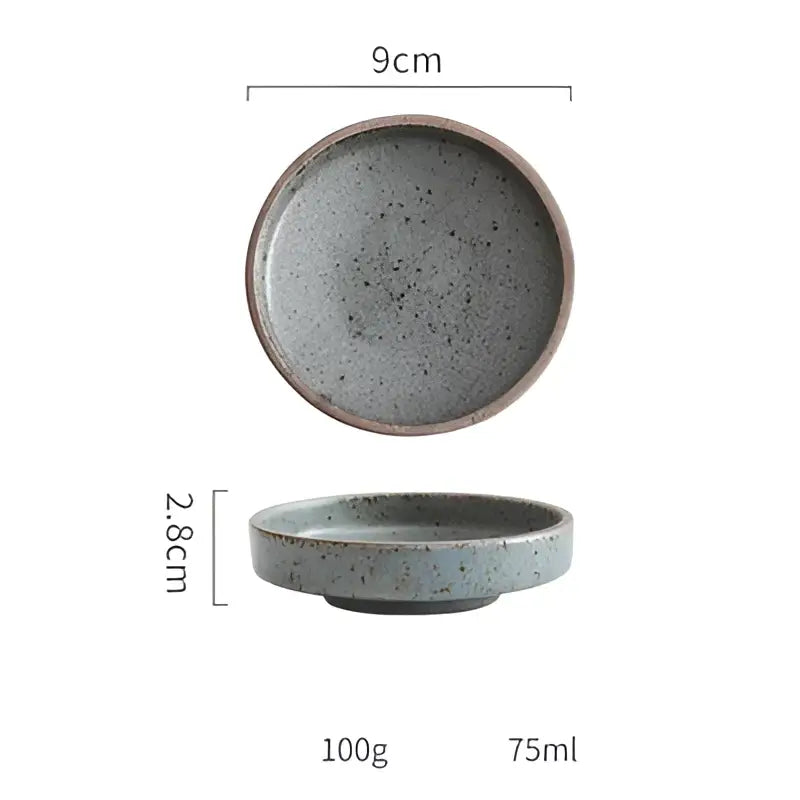 Gray speckled ceramic round sauce dish with matte finish and raised rim from decorbites ceramic round set for kitchen use