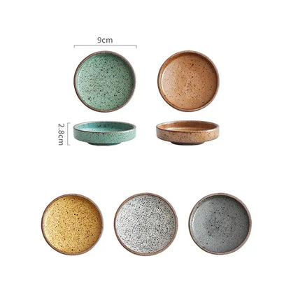 Set of six decorbites ceramic round sauce dishes with speckled glazes in earthy tones for rustic kitchen decor