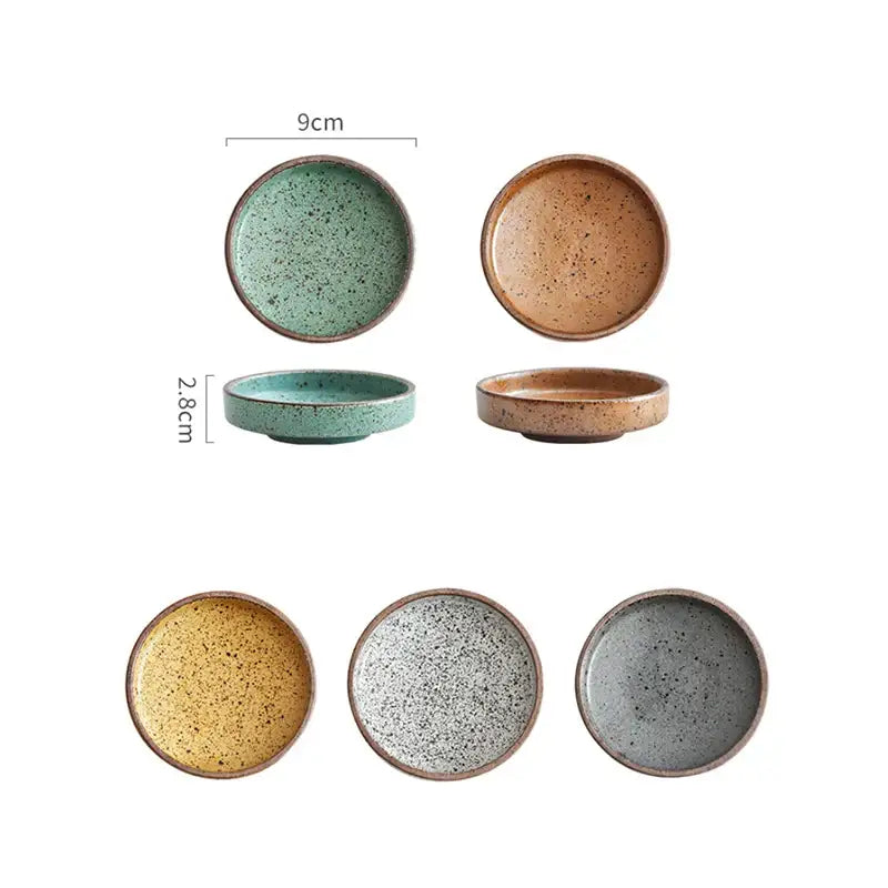 Set of six decorbites ceramic round sauce dishes with speckled glazes in earthy tones for rustic kitchen decor