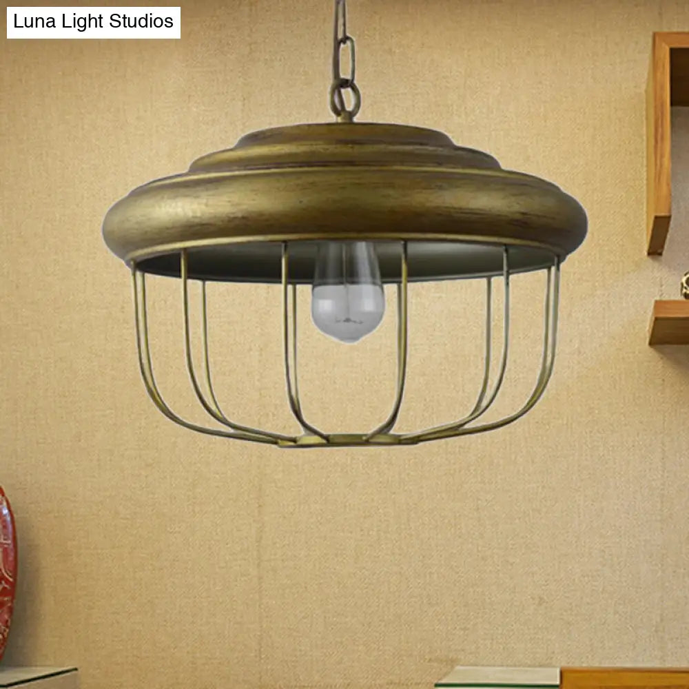 Rustic Farmhouse 1-Light Pendant with Drum Shade - Antique Brass Finish