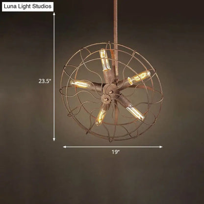 Rustic Farmhouse Ceiling Fan Light: Wire Frame, Fan Shape, 5 Bulbs, Wrought Iron, Dark Rust Chandelier Lamp