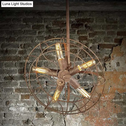Rustic Farmhouse Ceiling Fan Light: Wire Frame, Fan Shape, 5 Bulbs, Wrought Iron, Dark Rust Chandelier Lamp