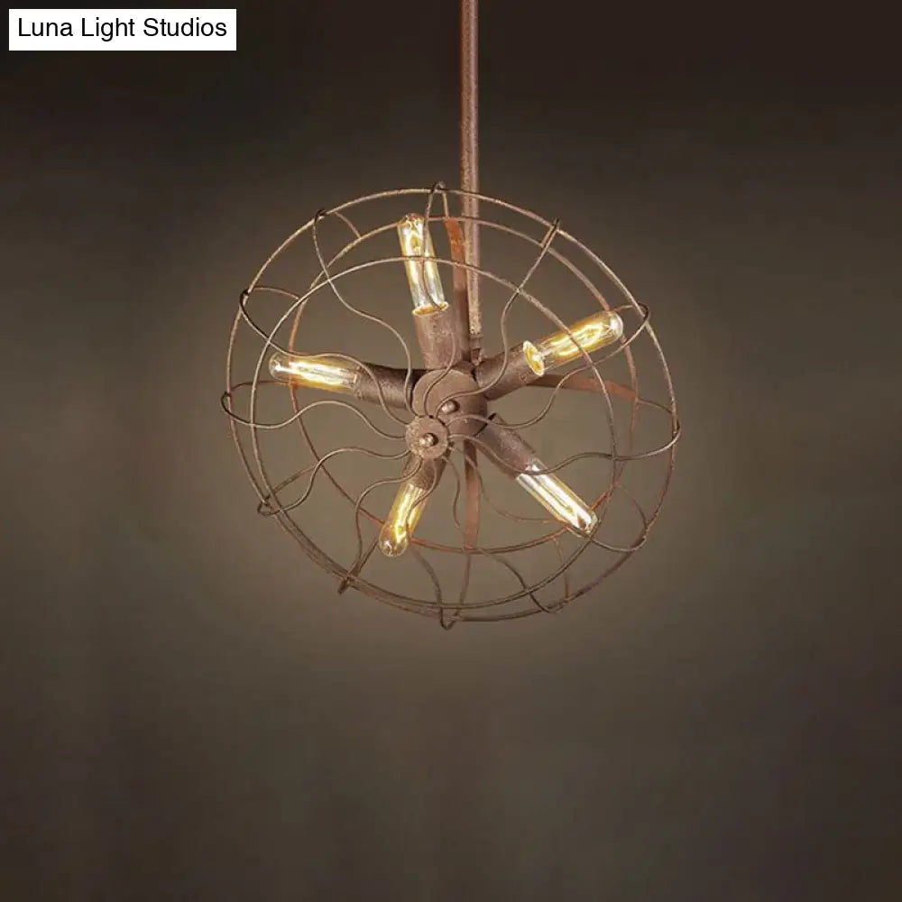 Rustic Farmhouse Ceiling Fan Light: Wire Frame, Fan Shape, 5 Bulbs, Wrought Iron, Dark Rust Chandelier Lamp