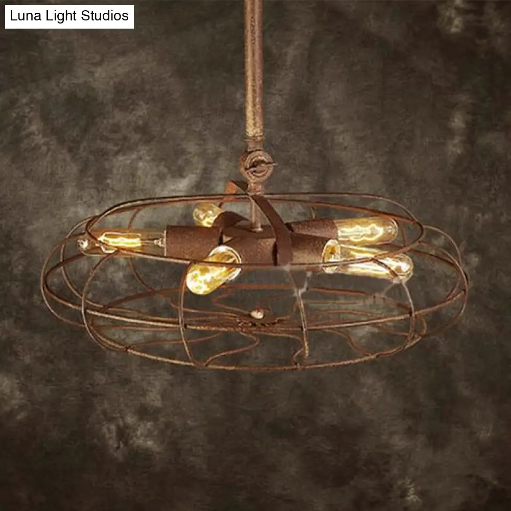 Rustic Farmhouse Ceiling Fan Light: Wire Frame, Fan Shape, 5 Bulbs, Wrought Iron, Dark Rust Chandelier Lamp
