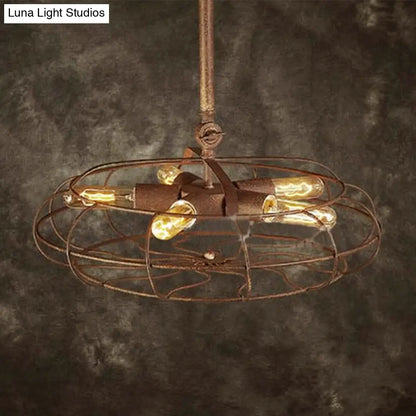 Rustic Farmhouse Ceiling Fan Light: Wire Frame, Fan Shape, 5 Bulbs, Wrought Iron, Dark Rust Chandelier Lamp