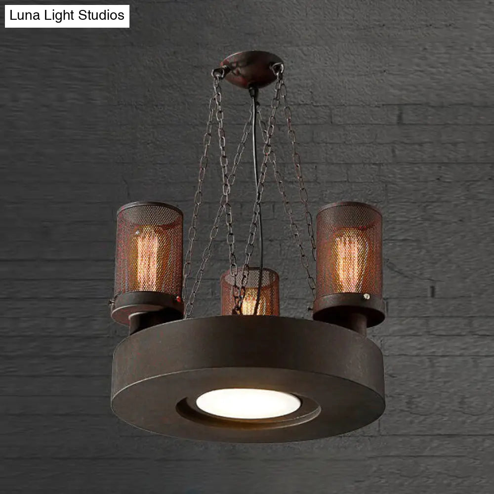 Rustic Farmhouse Cylindrical Chandelier Light with Mesh Shade - 3 Bulb Iron Ceiling Fixture