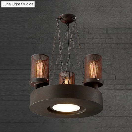 Rustic Farmhouse Cylindrical Chandelier Light with Mesh Shade - 3 Bulb Iron Ceiling Fixture