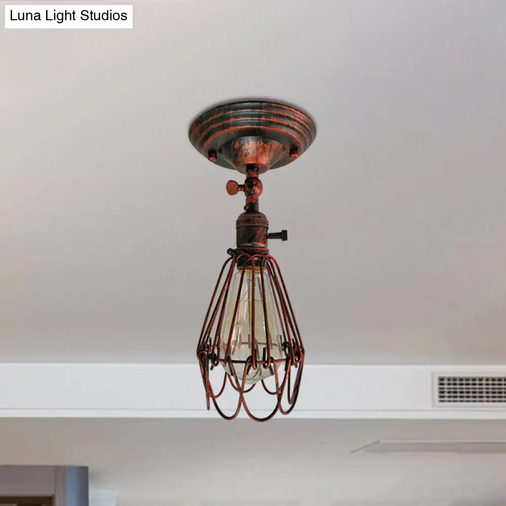 DecorBites™ DecorBites™ Rustic Farmhouse Semi-Flush Iron Cage Bedroom Ceiling Light in Rust/Aged Silver