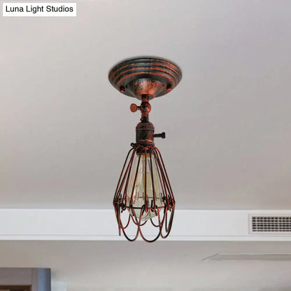 DecorBites™ DecorBites™ Rustic Farmhouse Semi-Flush Iron Cage Bedroom Ceiling Light in Rust/Aged Silver