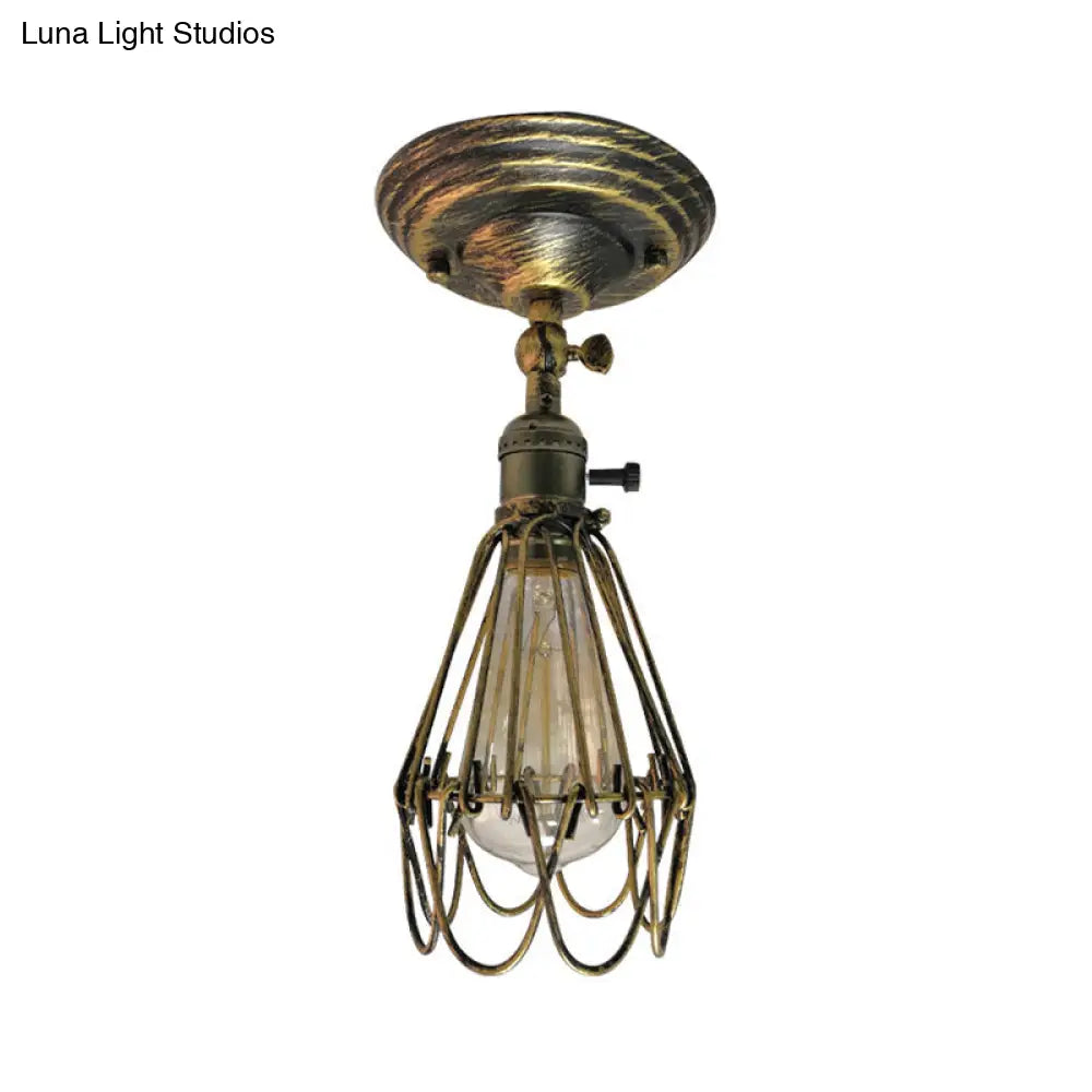 DecorBites™ DecorBites™ Rustic Farmhouse Semi-Flush Iron Cage Bedroom Ceiling Light in Rust/Aged Silver