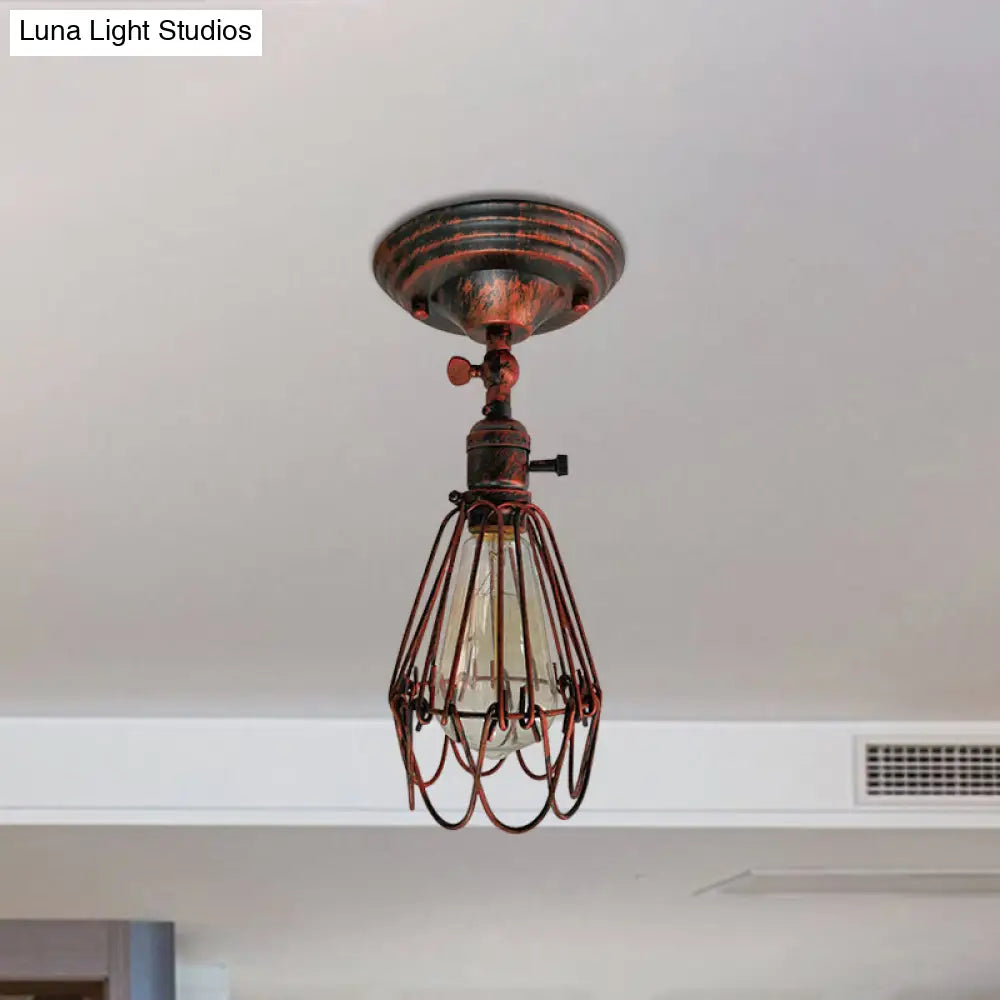DecorBites™ DecorBites™ Rustic Farmhouse Semi-Flush Iron Cage Bedroom Ceiling Light in Rust/Aged Silver