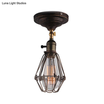 DecorBites™ DecorBites™ Rustic Farmhouse Semi-Flush Iron Cage Bedroom Ceiling Light in Rust/Aged Silver
