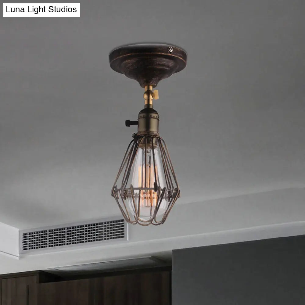 DecorBites™ DecorBites™ Rustic Farmhouse Semi-Flush Iron Cage Bedroom Ceiling Light in Rust/Aged Silver