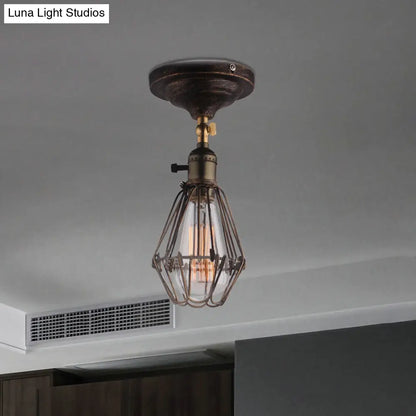 DecorBites™ DecorBites™ Rustic Farmhouse Semi-Flush Iron Cage Bedroom Ceiling Light in Rust/Aged Silver