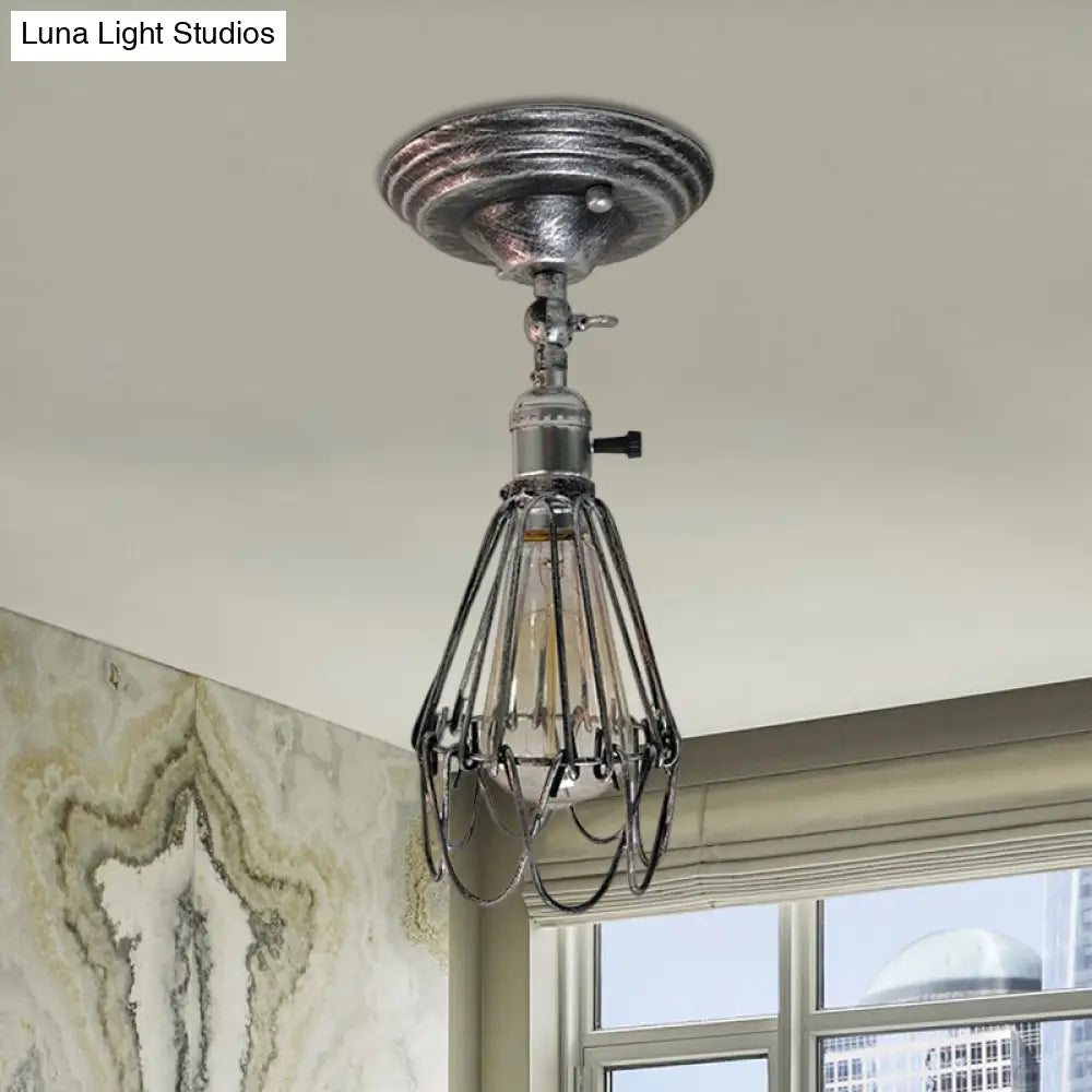 DecorBites™ DecorBites™ Rustic Farmhouse Semi-Flush Iron Cage Bedroom Ceiling Light in Rust/Aged Silver