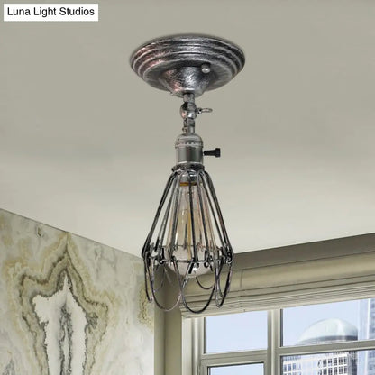 DecorBites™ DecorBites™ Rustic Farmhouse Semi-Flush Iron Cage Bedroom Ceiling Light in Rust/Aged Silver