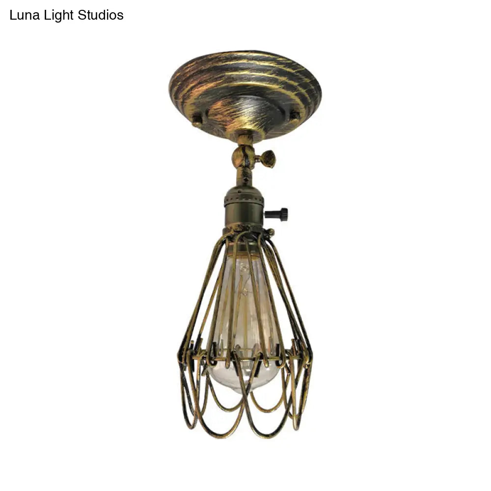 DecorBites™ DecorBites™ Rustic Farmhouse Semi-Flush Iron Cage Bedroom Ceiling Light in Rust/Aged Silver