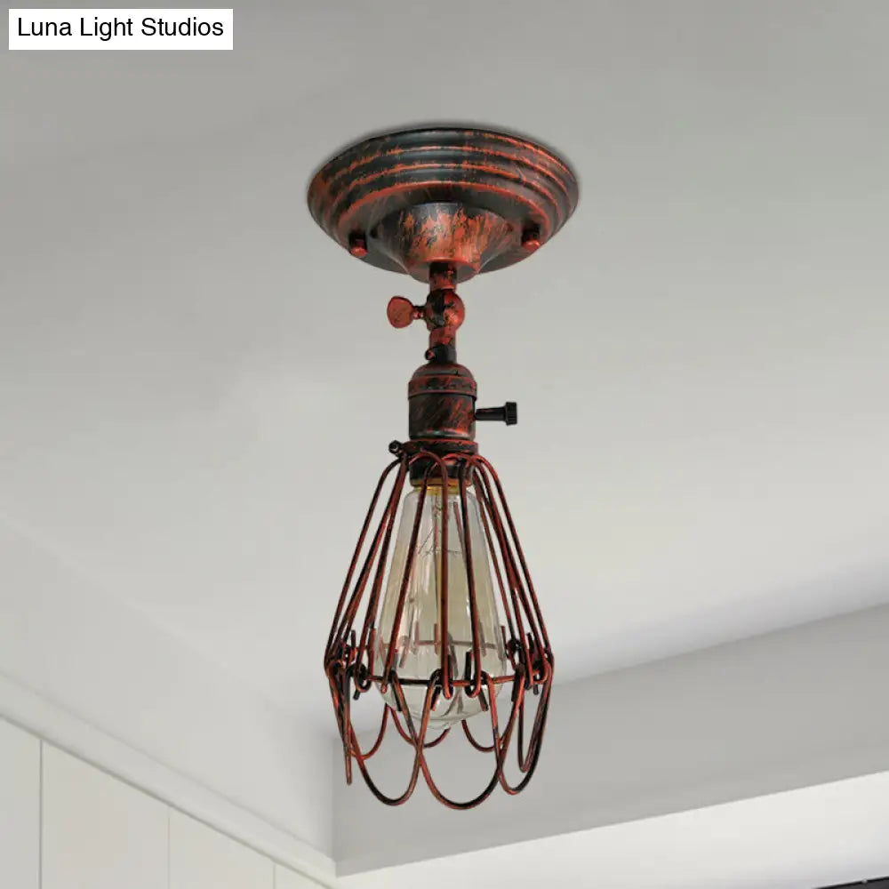 DecorBites™ DecorBites™ Rustic Farmhouse Semi-Flush Iron Cage Bedroom Ceiling Light in Rust/Aged Silver