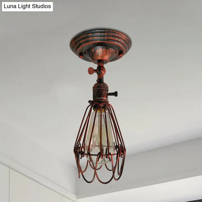 DecorBites™ DecorBites™ Rustic Farmhouse Semi-Flush Iron Cage Bedroom Ceiling Light in Rust/Aged Silver