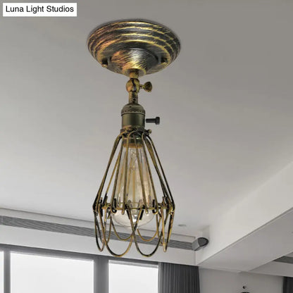 DecorBites™ DecorBites™ Rustic Farmhouse Semi-Flush Iron Cage Bedroom Ceiling Light in Rust/Aged Silver