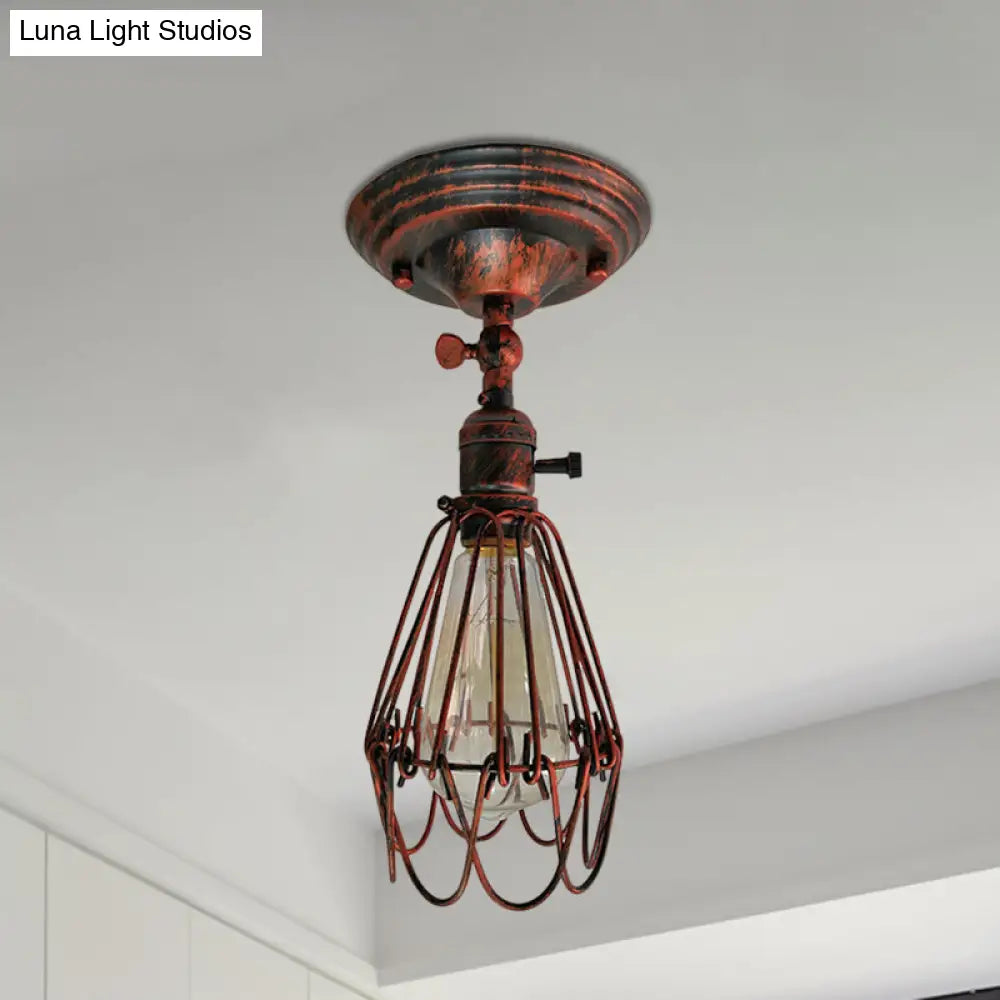 DecorBites™ DecorBites™ Rustic Farmhouse Semi-Flush Iron Cage Bedroom Ceiling Light in Rust/Aged Silver