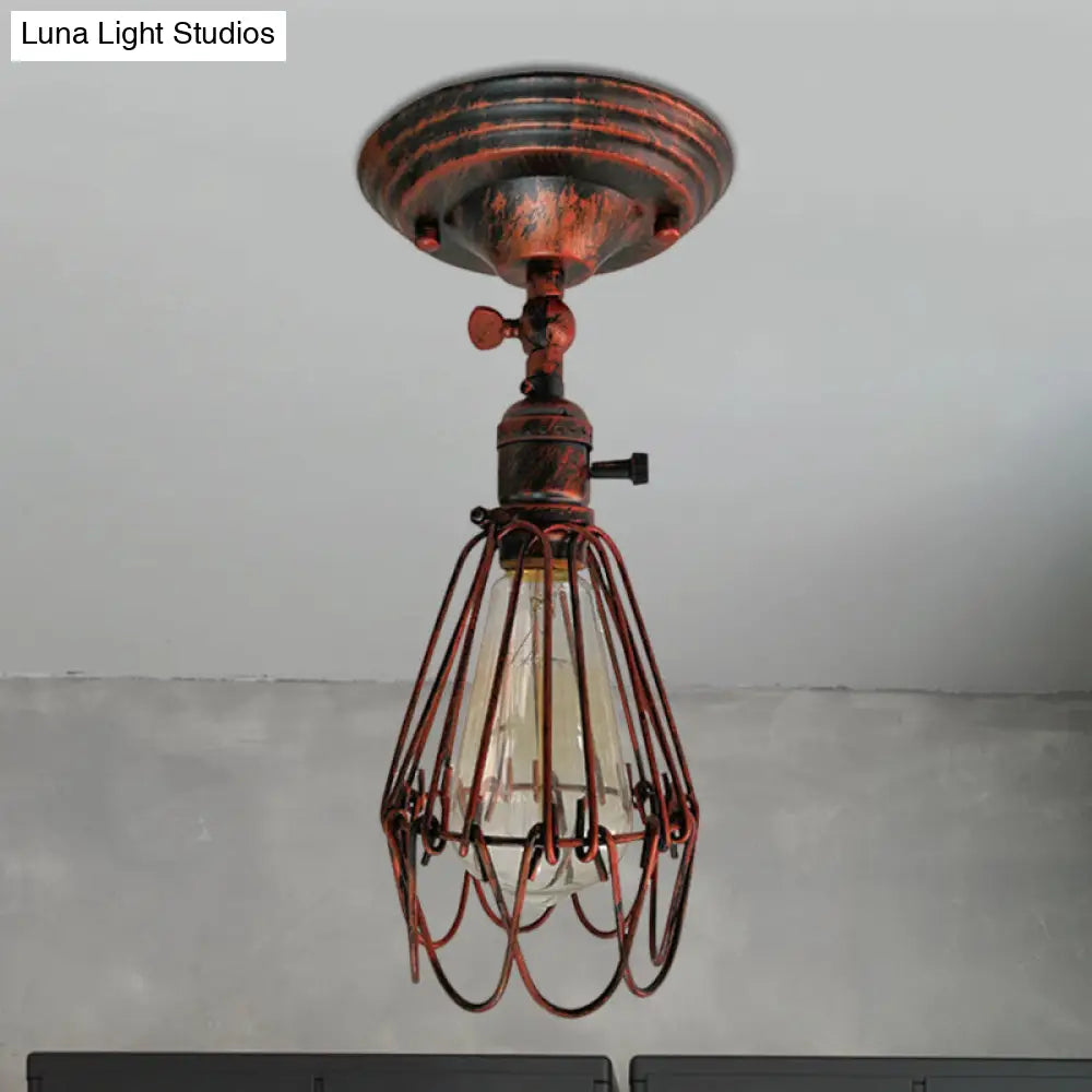 DecorBites™ DecorBites™ Rustic Farmhouse Semi-Flush Iron Cage Bedroom Ceiling Light in Rust/Aged Silver