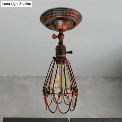 DecorBites™ DecorBites™ Rustic Farmhouse Semi-Flush Iron Cage Bedroom Ceiling Light in Rust/Aged Silver