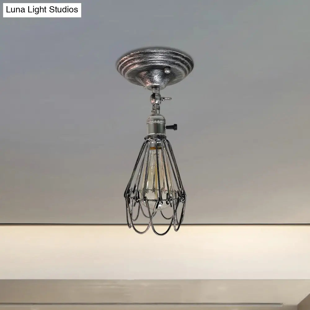 DecorBites™ DecorBites™ Rustic Farmhouse Semi-Flush Iron Cage Bedroom Ceiling Light in Rust/Aged Silver
