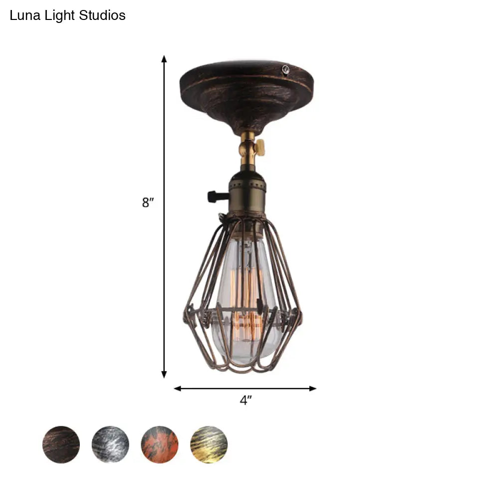 DecorBites™ DecorBites™ Rustic Farmhouse Semi-Flush Iron Cage Bedroom Ceiling Light in Rust/Aged Silver