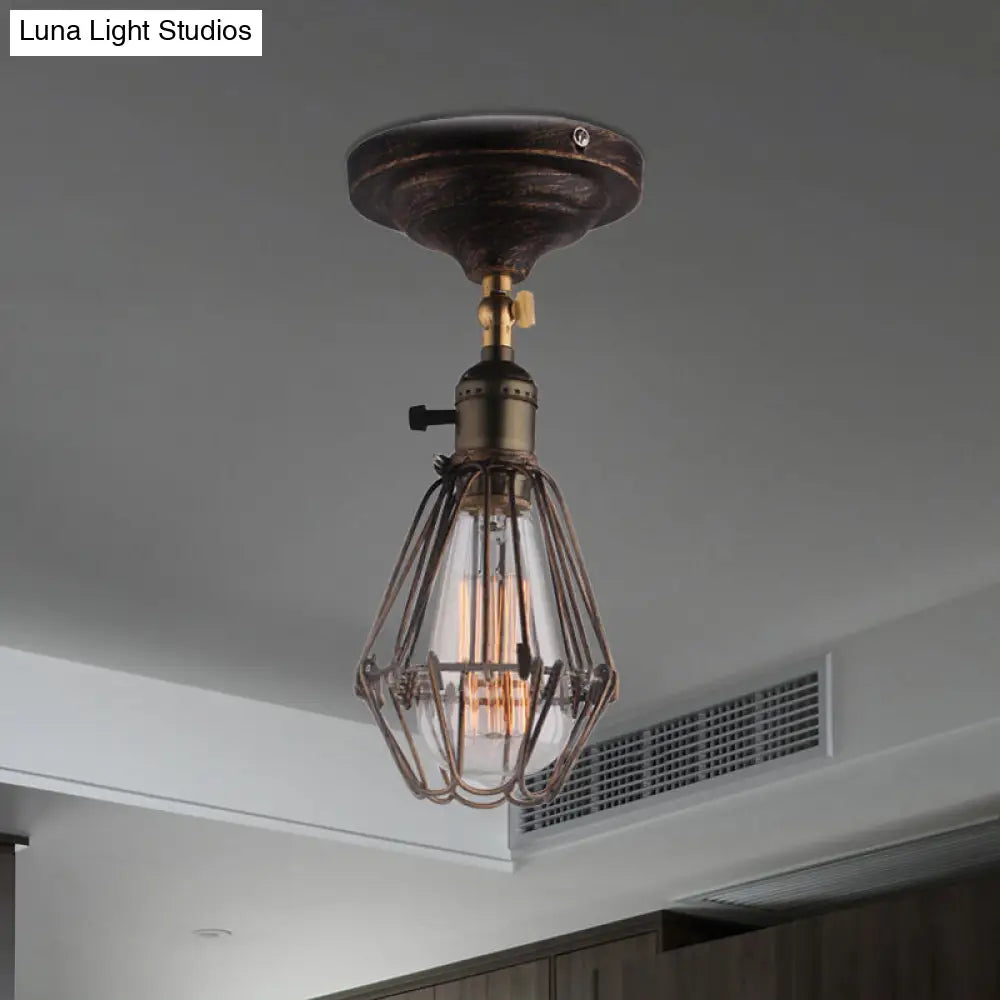 DecorBites™ DecorBites™ Rustic Farmhouse Semi-Flush Iron Cage Bedroom Ceiling Light in Rust/Aged Silver