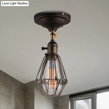 DecorBites™ DecorBites™ Rustic Farmhouse Semi-Flush Iron Cage Bedroom Ceiling Light in Rust/Aged Silver