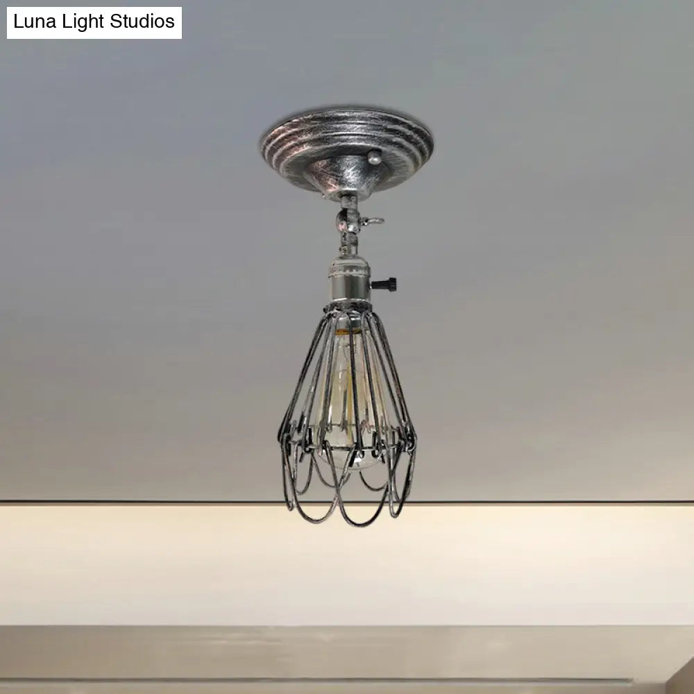 DecorBites™ DecorBites™ Rustic Farmhouse Semi-Flush Iron Cage Bedroom Ceiling Light in Rust/Aged Silver