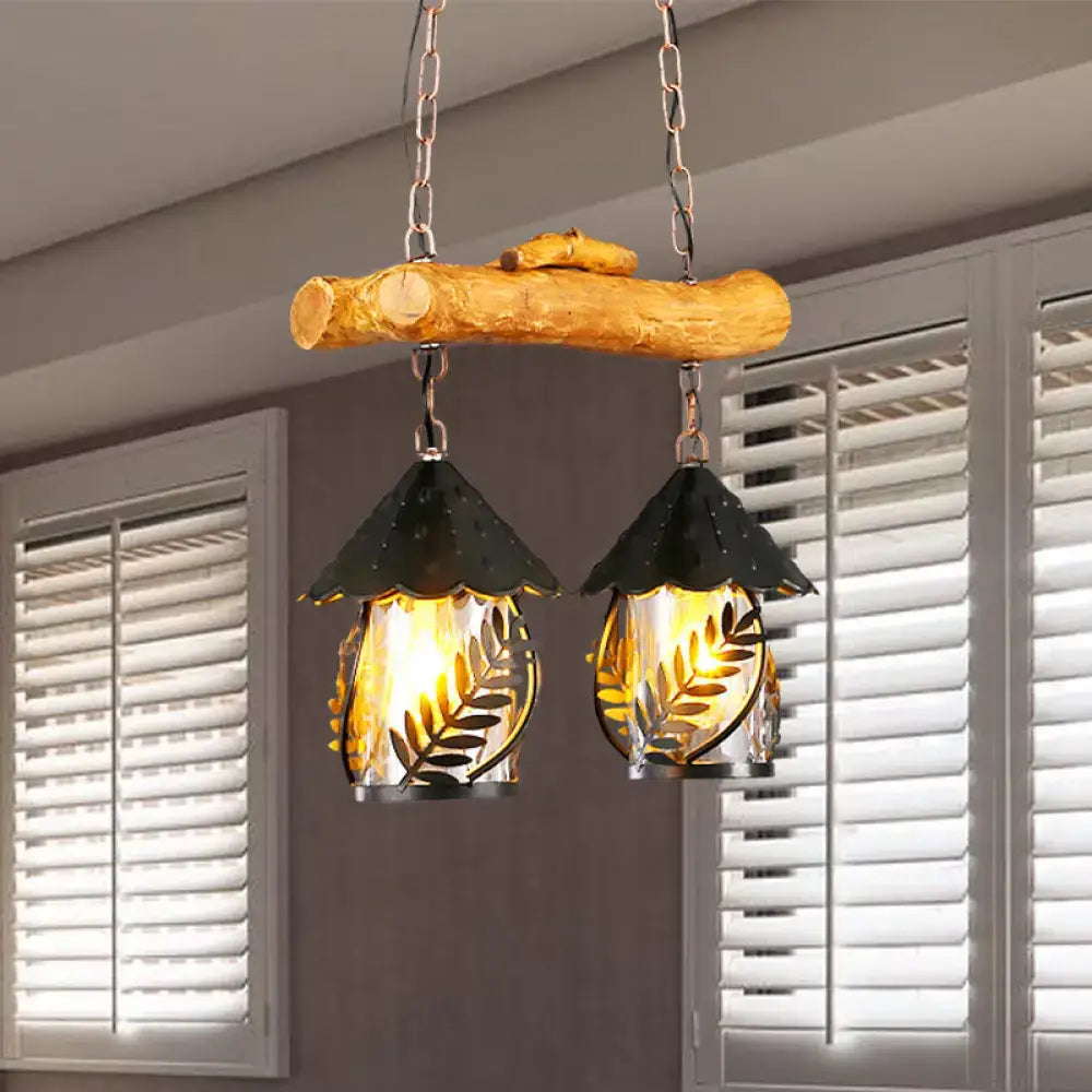 Decorbites farmhouse black hanging lamp with rustic wooden branch and two black metal lanterns with white fabric clear glass shade
