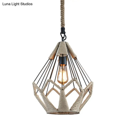 Rustic Flared Pendant Lamp with Natural Rope Suspension - Single-Bulb Light Fixture in Black/Brown