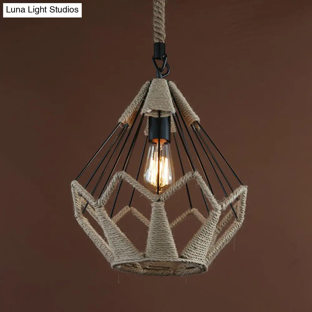 Rustic Flared Pendant Lamp with Natural Rope Suspension - Single-Bulb Light Fixture in Black/Brown