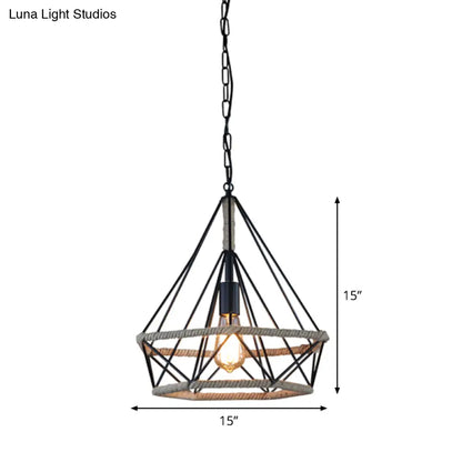 Rustic Flared Pendant Lamp with Natural Rope Suspension - Single-Bulb Light Fixture in Black/Brown