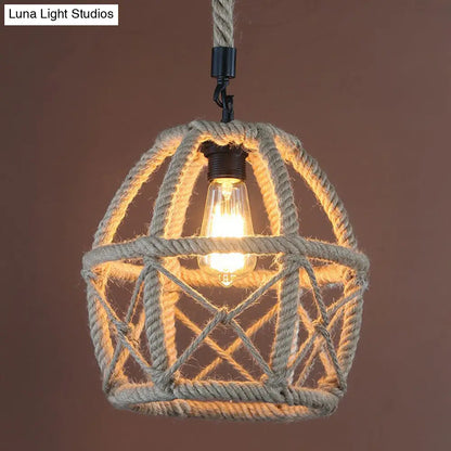 Rustic Flared Pendant Lamp with Natural Rope Suspension - Single-Bulb Light Fixture in Black/Brown