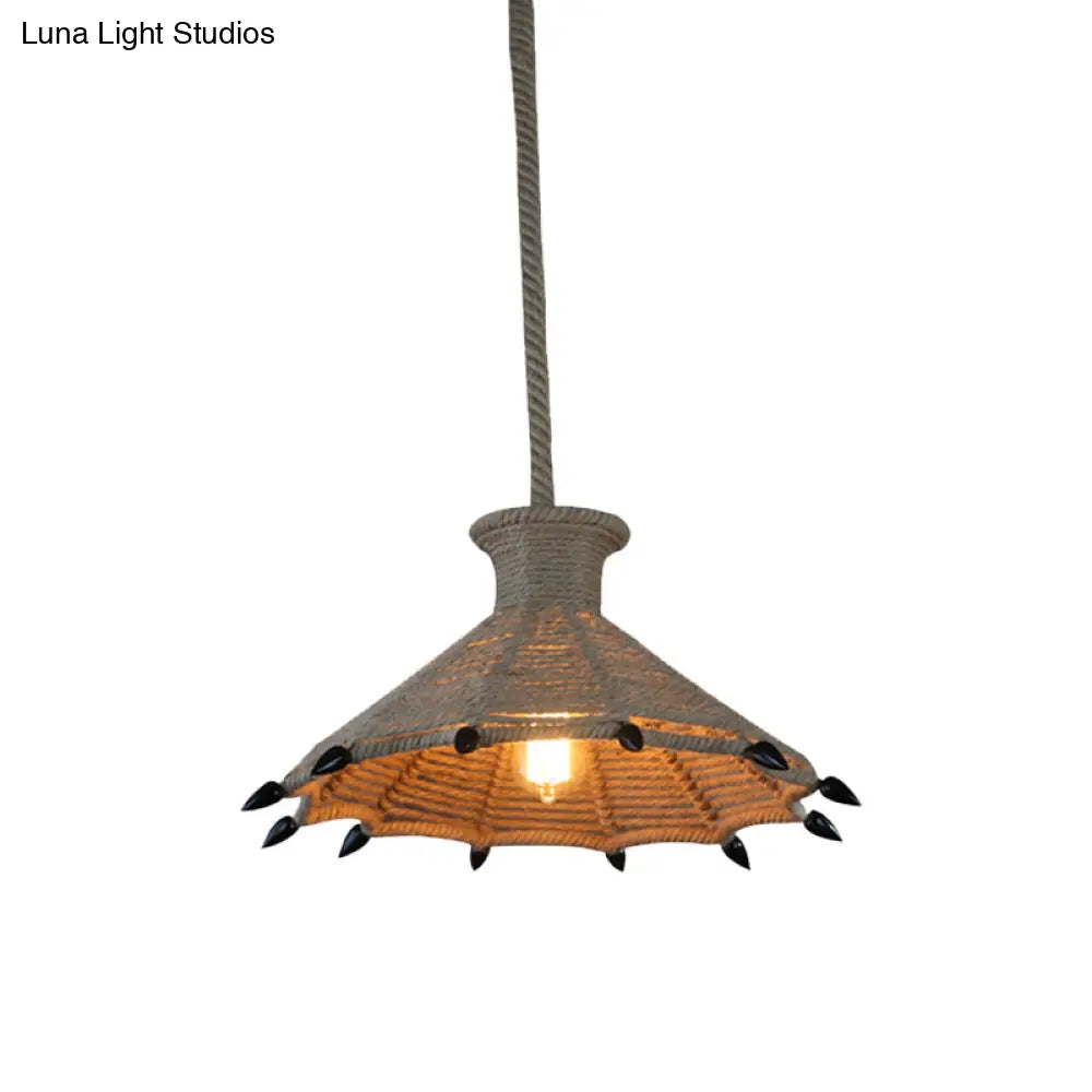 Rustic Flared Pendant Lamp with Natural Rope Suspension - Single-Bulb Light Fixture in Black/Brown